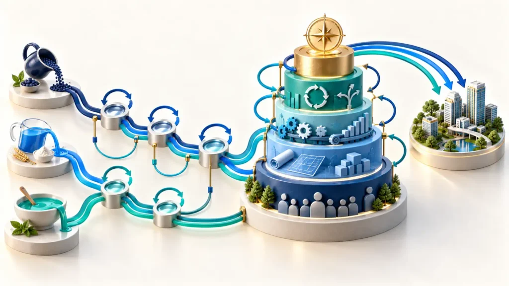 Agile change management combines concurrent initiatives with reflection, adaptation, and progressive development across the GLCM layers.