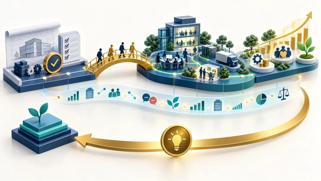 Change management evaluation connecting project completion with operational ownership, sustained value, and learning for the next initiative.