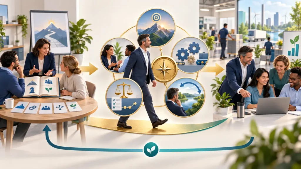 Change management training for managers connecting strategy, empathy, governance, reflection, and operational leadership in daily work.