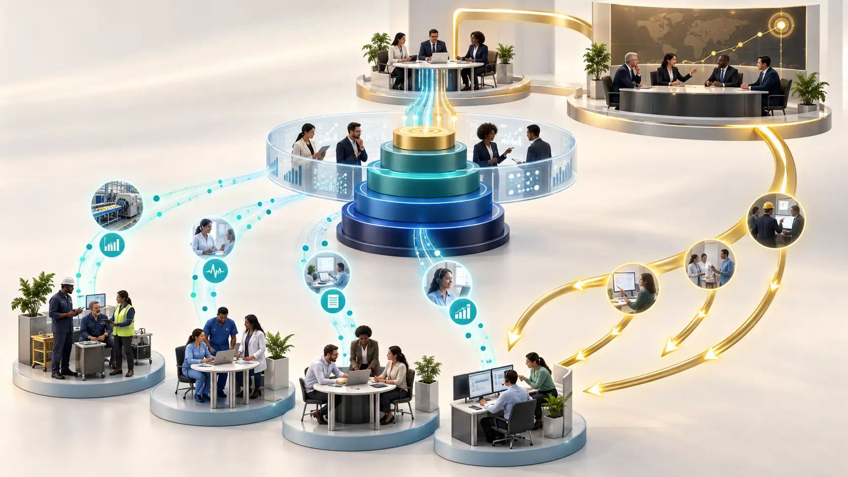 Employee voice during organizational change flows from operational teams through GLCM reflection and interpretation into enterprise decisions and coordinated action.