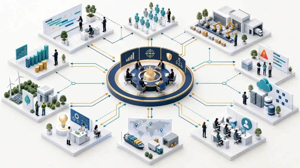 Enterprise change governance hub connecting multiple initiatives and operational units through two-way evidence and decision flows.