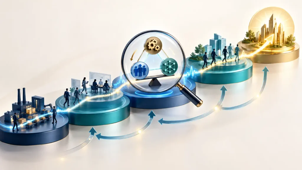 Organizational diagnosis examines systems, behavior, and culture across five active change layers, using signals to guide organizational course correction.