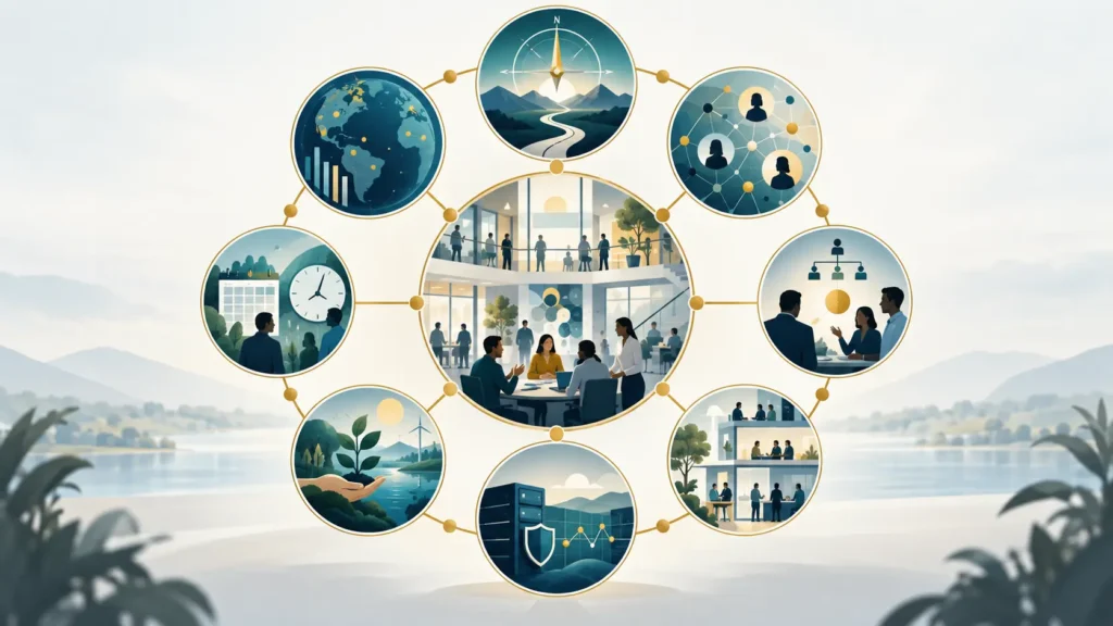 Eight diagnostic lenses for organizational change readiness, surrounding an organization to assess strategy, capacity, stakeholders, evidence, operations, and risk.