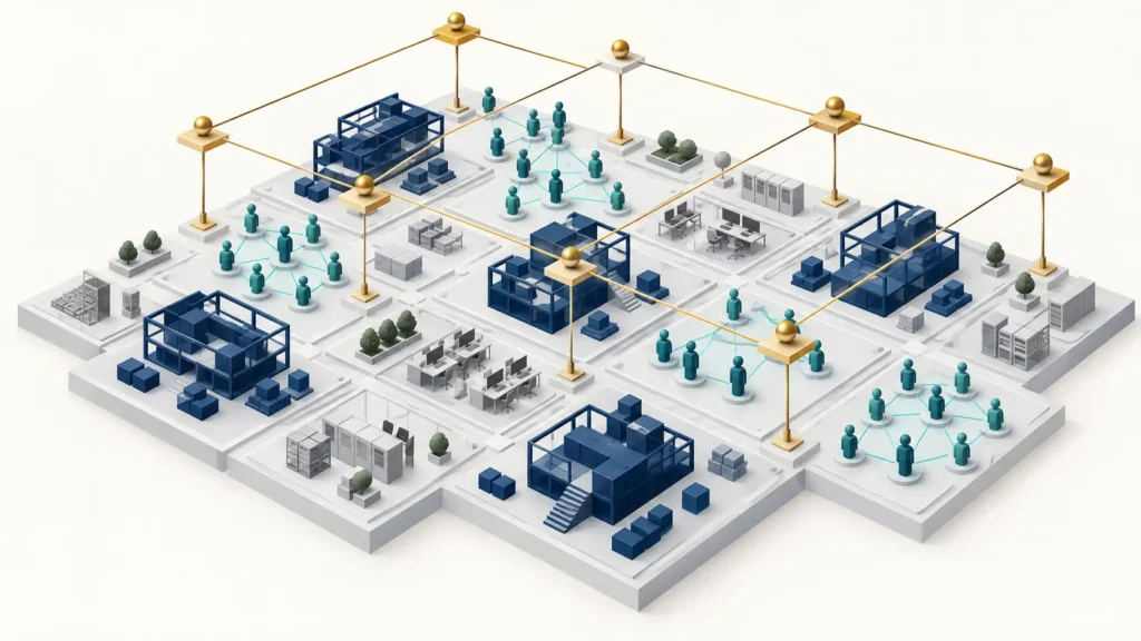 Project management delivery structures and employee networks coordinated across a shared operational platform through enterprise governance.