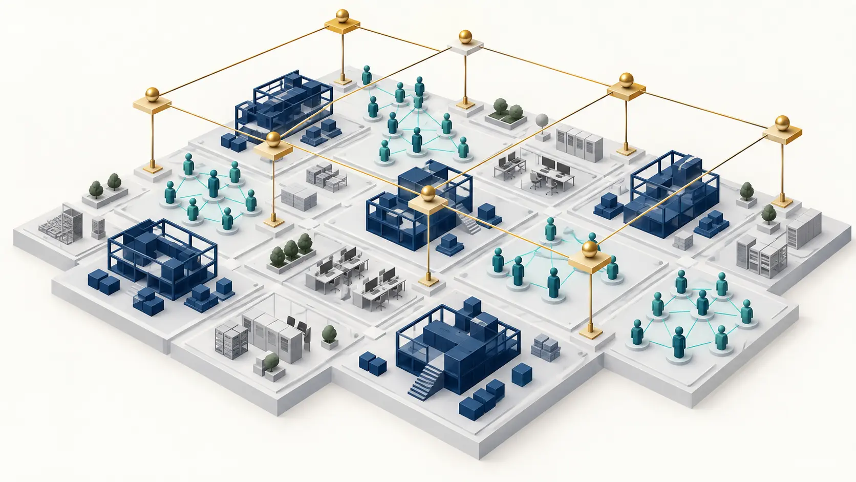 Project management delivery structures and employee networks coordinated across a shared operational platform through enterprise governance.