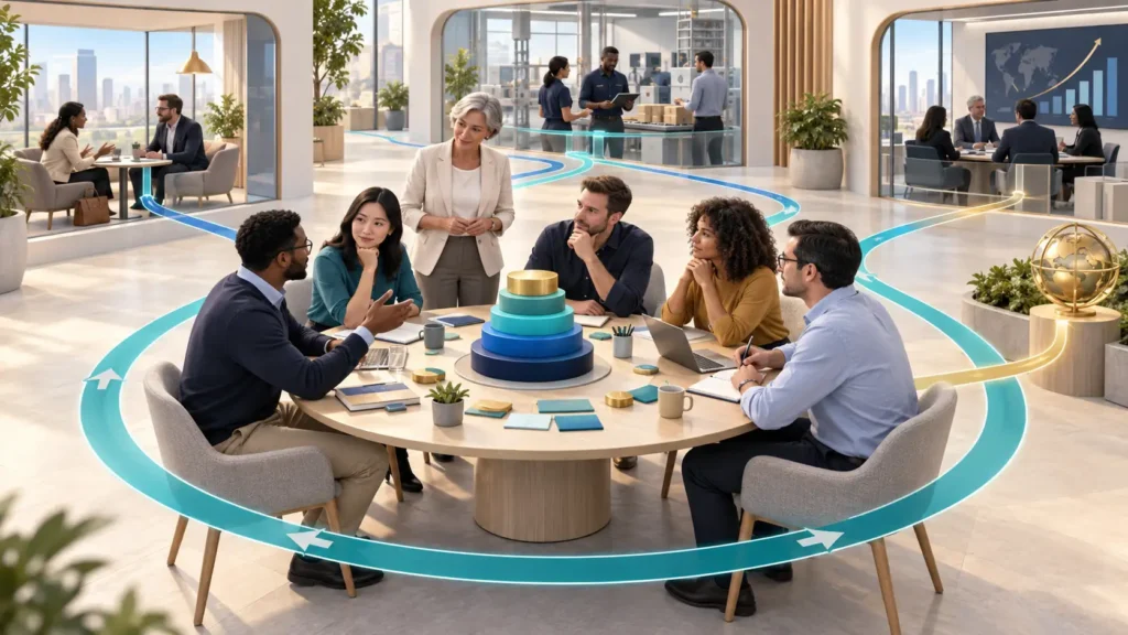 Team coaching during organizational change connects team reflection and the five GLCM layers with customer, departmental, operational, and enterprise perspectives.